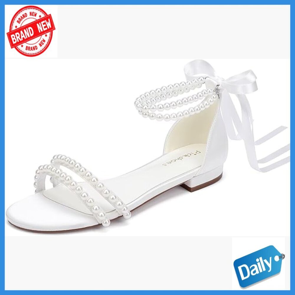 Pearl Embellished Satin Bridal Sandals Flat Heel Open Toe Wedding Shoes